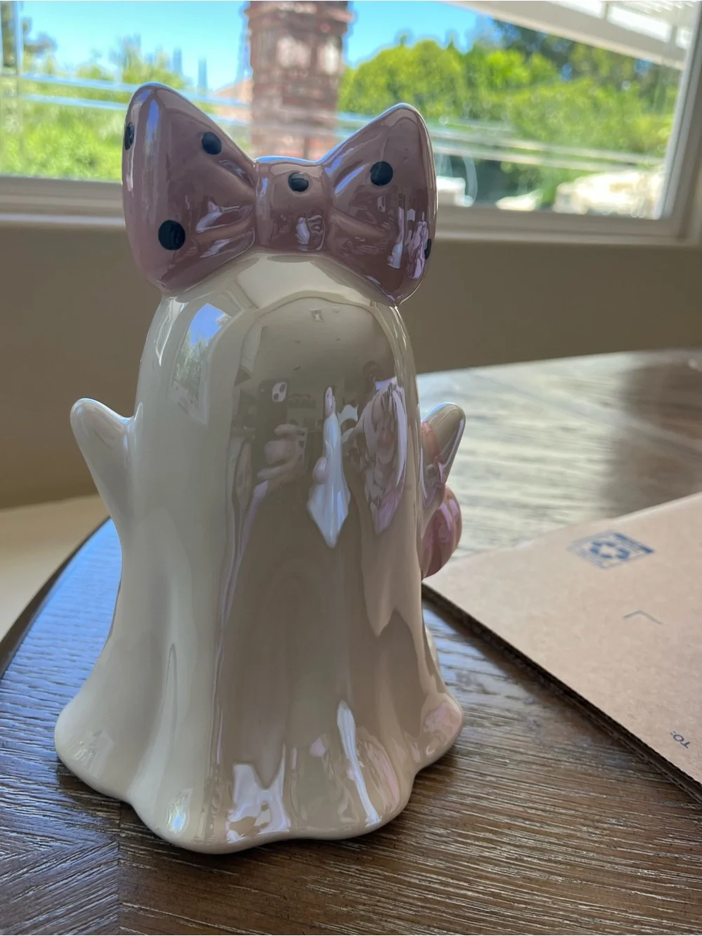 Halloween Ceramic Ghost Figurine with Pink Bow Black Polka Dots & Pumpkin